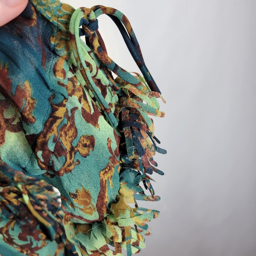 Violet & Claire Sheer Crinkle Blouse Green Teal Brown Tie at Cuffs Fringe XL - Picture 4 of 12